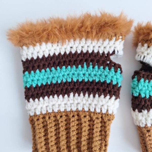 Gehaakte handschoenen - gehaakte vingerloze handschoenen | karamelbruin, crème, turquoise en donkerbruin