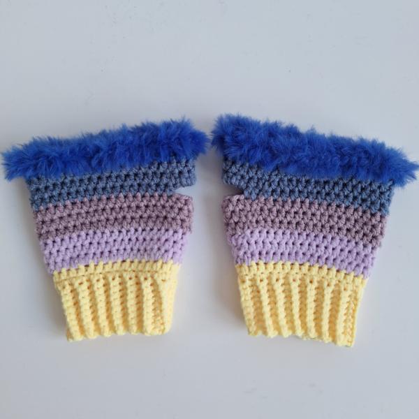 Gehaakte handschoenen - gehaakte vingerloze handschoenen | Geel, lila, taupe, denimblauw en kobaltblauw