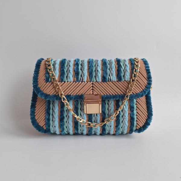 Geweven crossbody tas | Lichtblauw, petrol, turquoise, lichtbruin en goud