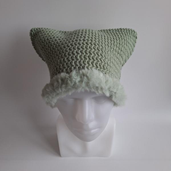 Gehaakte muts met imitatiebont | Sagegroen