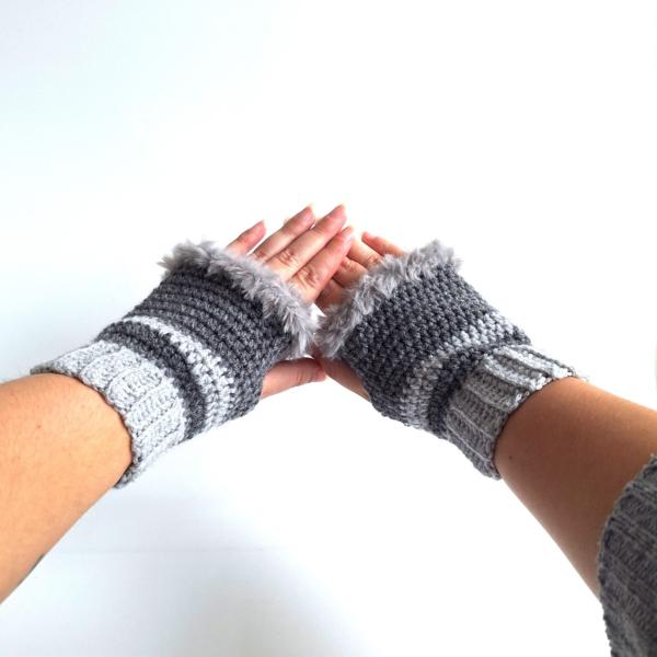 Gehaakte handschoenen - gehaakte vingerloze handschoenen | Donkergrijs en lichtgrijs