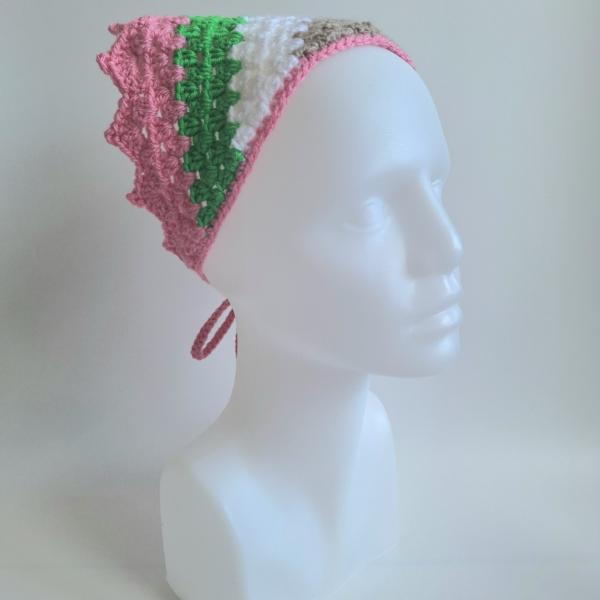 Gehaakte bandana | Beige, wit, groen en roze